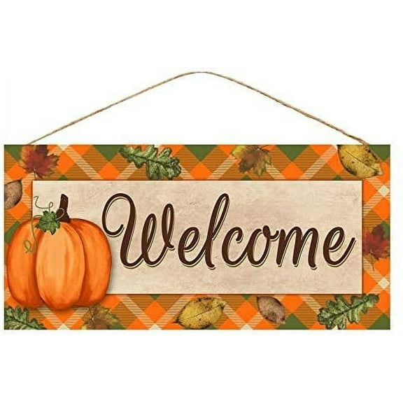 Rustic Pumpkin Fall Welcome Sign - 12.5 x 6", Autumn Front Door Decor, Argyle Background, Falling Leaves, Fall Decor, Wreath, Halloween, Thanksgiving