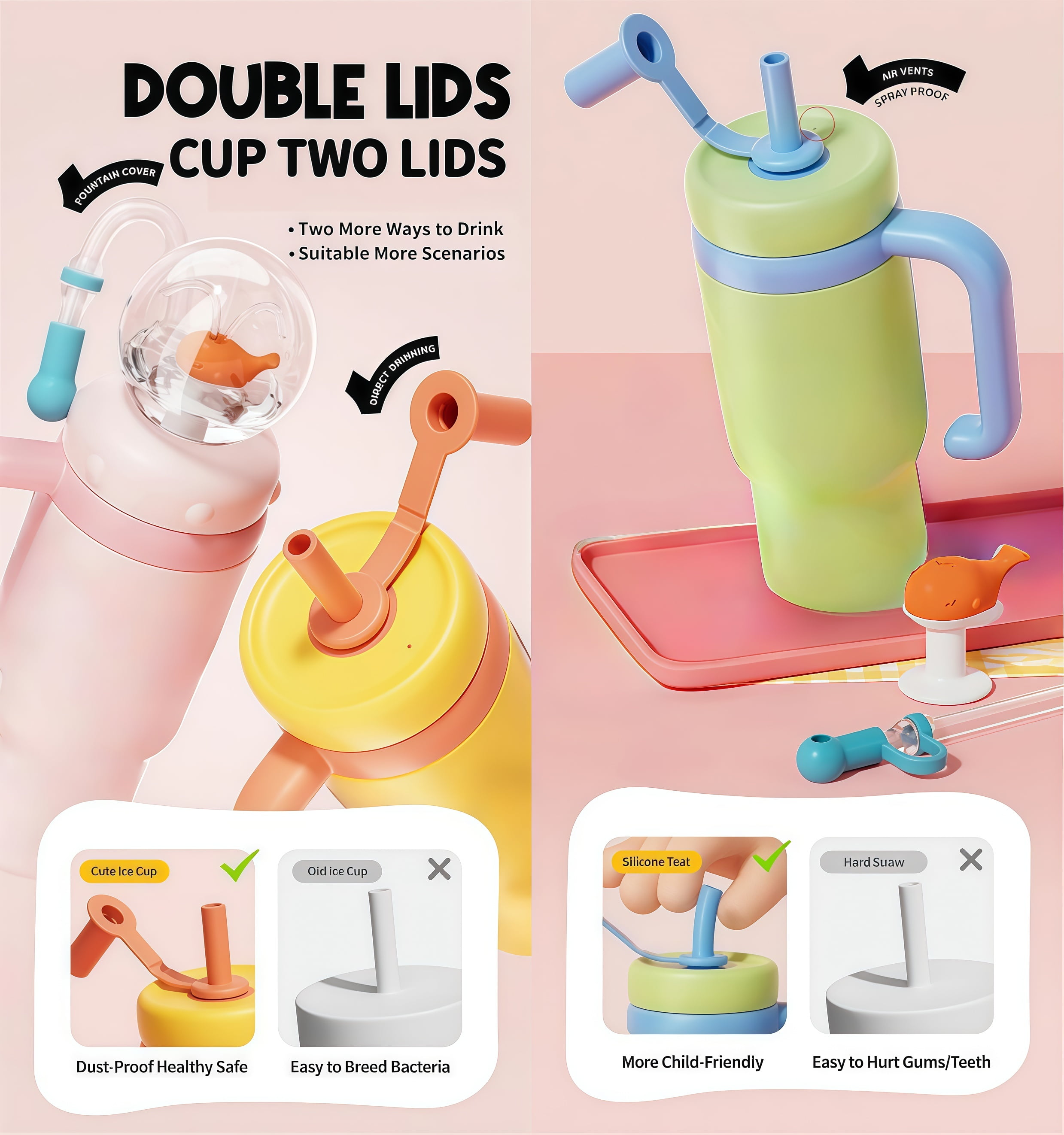 Arsey Whale Fountain Tumbler With Handle Two Lids 24 Oz Water Bottle, Cute Sippy Cup For Kids Teens Adults, Green
