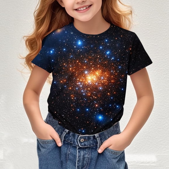 Children's Printed Summer Casual T-shirt With Large Round Neck Short Sleeve