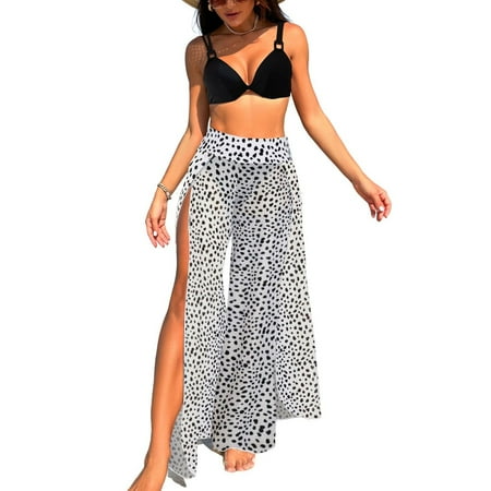 Previn Women s 3 Piece Bikini Set Cover Up Pant Printed Adjustable Shoulder Straps Bath Suit Cool Curvy Brief Beachwear Billowy Spring Break Polka Dots Small