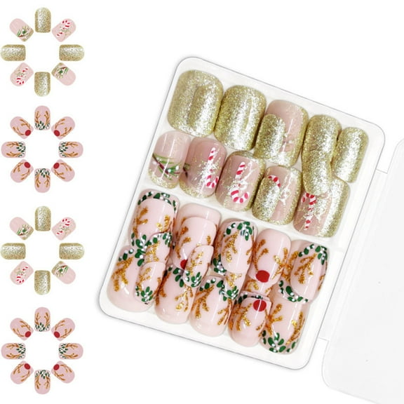 48 Pcs Elks Press On Nails Short Square Artificial Nails Candy Cane on Nails Christmas Full Covers False Nails