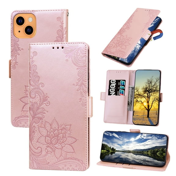 Allytech iPhone 14 Plus Case, Embossed Flower Premium PU Leather Drop Protection Folio Flip Stand Card Holder Wrist Land Slim Magnetic Wallet Cover Case for Apple iPhone 14 Plus 6.7" 2022, Rosegold