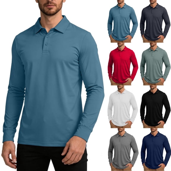 Jinhomg Men's Golf Polo Shirts Long Sleeve UPF 50  Sun Protection Collar Shirts Lightweight Summer Casual Quick Dry Tee Shirts Blue,M