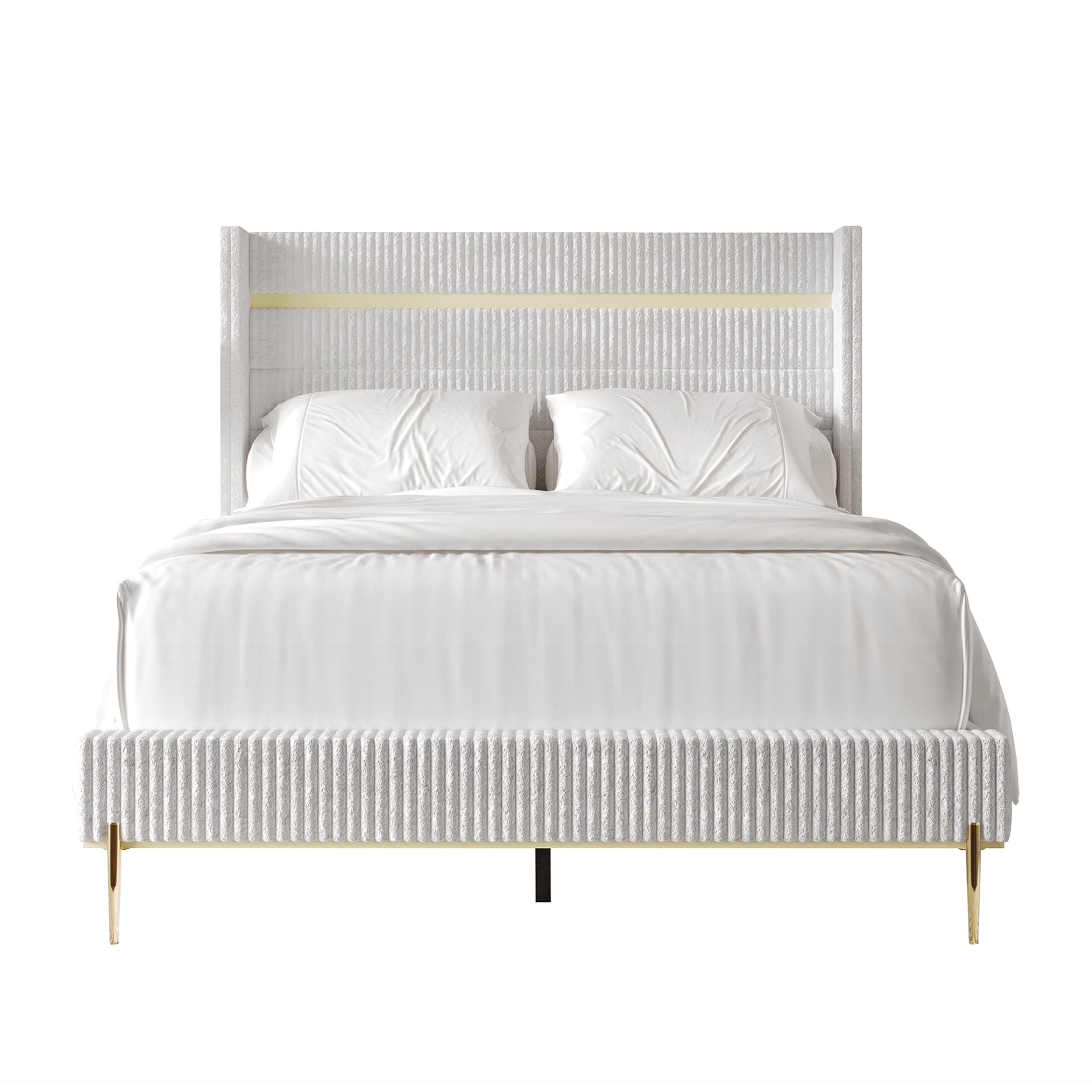 Castle Place Corduroy Gold PU Strip Wingback Upholstered Queen Bed, White