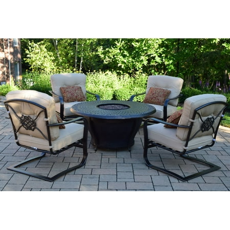 5 Piece Caledonia Cast Aluminum Round Gas Fire Pit Set W Cream