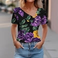 thumbnail image 3 of JTZGDY Boho Floral Tops for Women Cute Summer Short Sleeve Asymmetric Button V Neck Collared Business Work T-Shirts Dressy Casual Tunic Blouse Black#03 S, 3 of 6