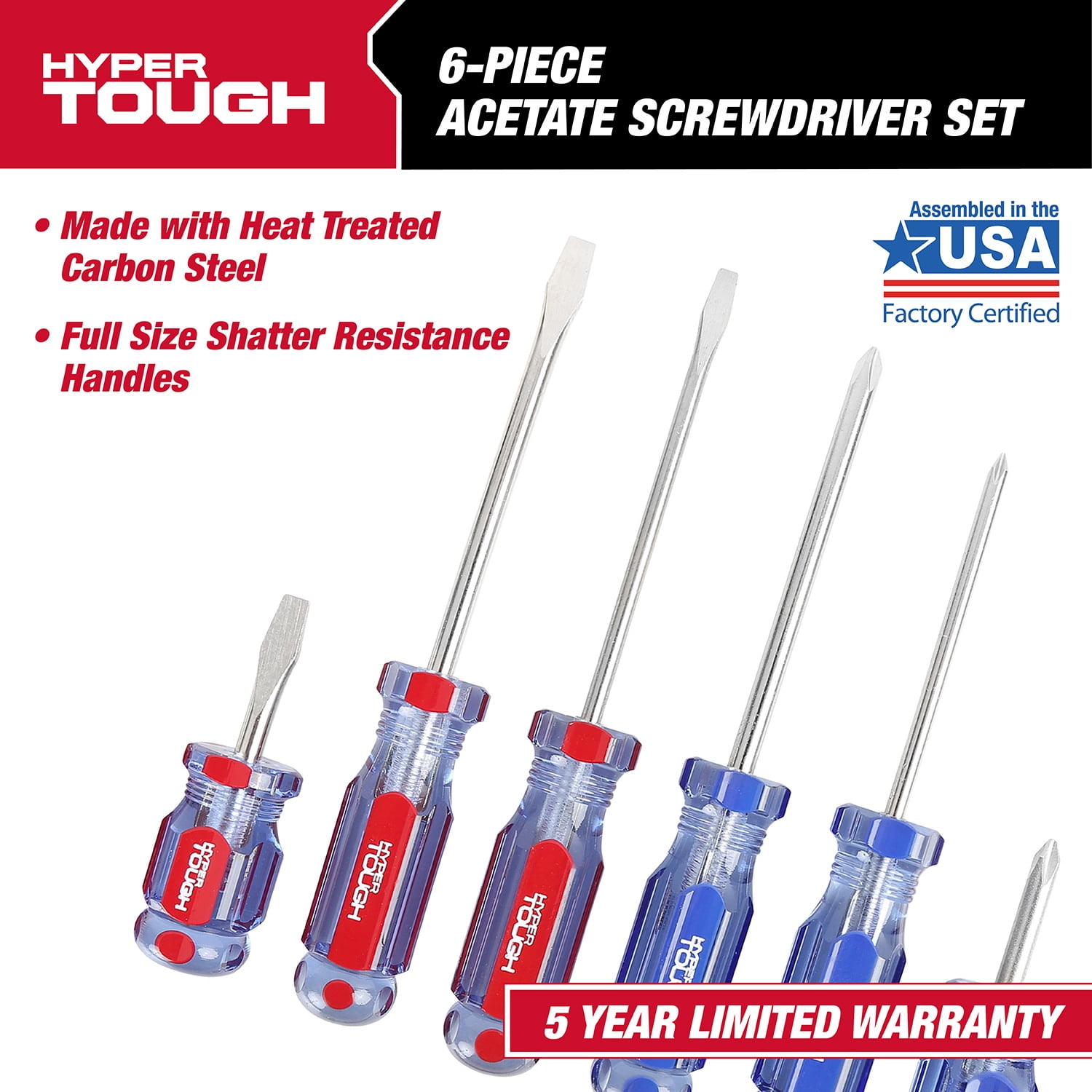 Hyper Tough 6-Piece Acetate Handle Screwdriver Set with Phillips