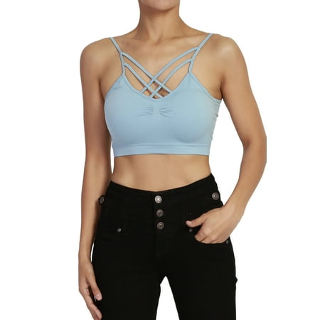 

TheMogan Women s Cage Strap Removable Pad Bralette Stretch Sexy Crop Bustier Bra Top