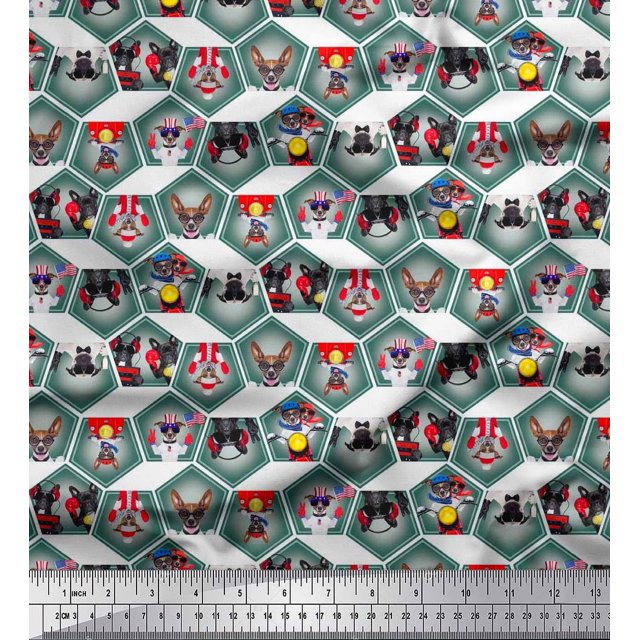 Soimoi Moss Georgette Fabric Geometric & Dogs Patchwork Decor Fabric Printed Yard 42 Inch Wide