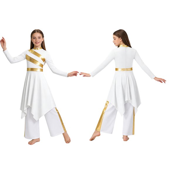 iiniim Girls Asymmetrical Lyrical Praise Dance Dress Liturgical Worship Church Robe with Palazzo Pants Set White 6