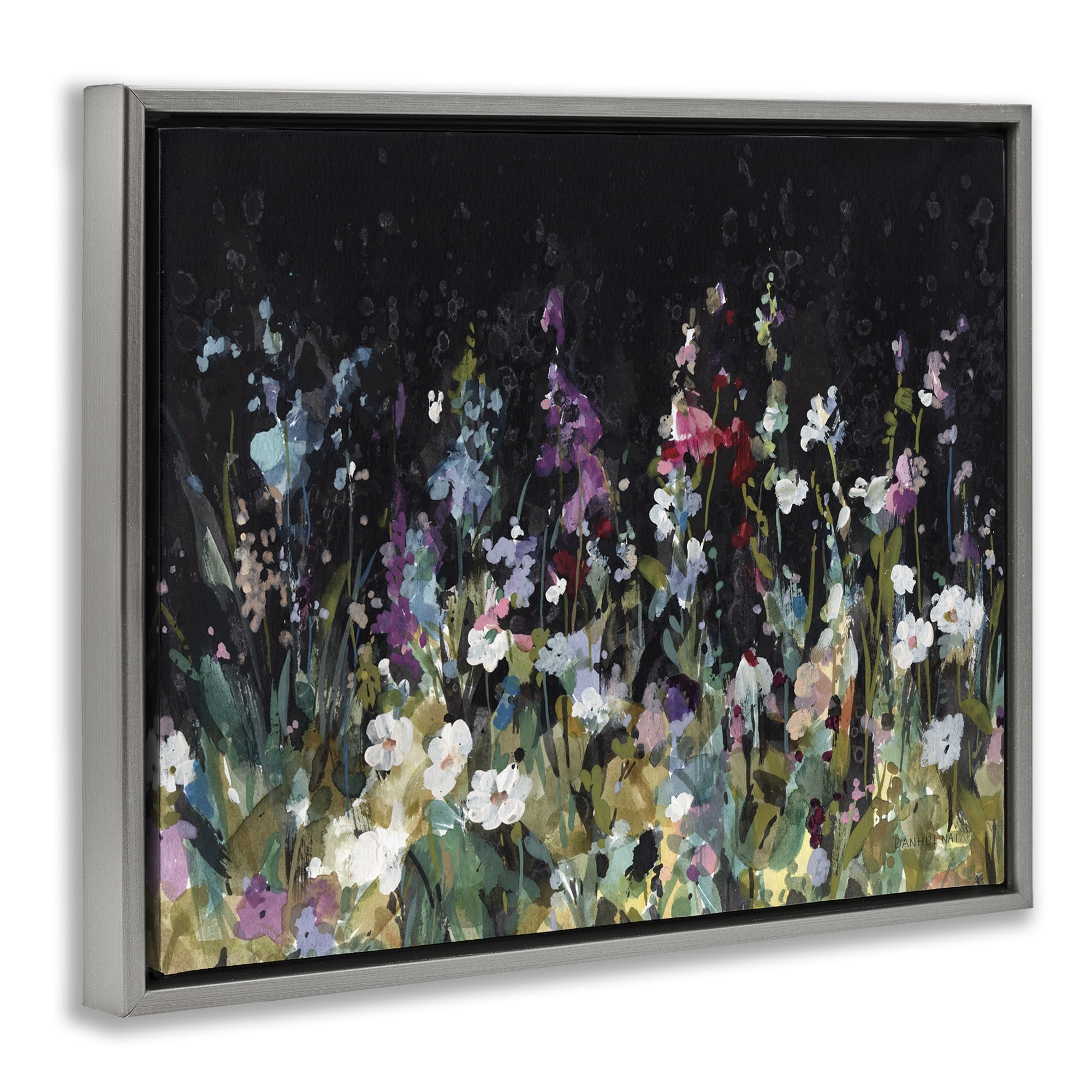 Stupell Industries Dark Garden Meadow Plants & Flowers Painting Gray Floater Framed Canvas Art Print Wall Art, 31 x 25