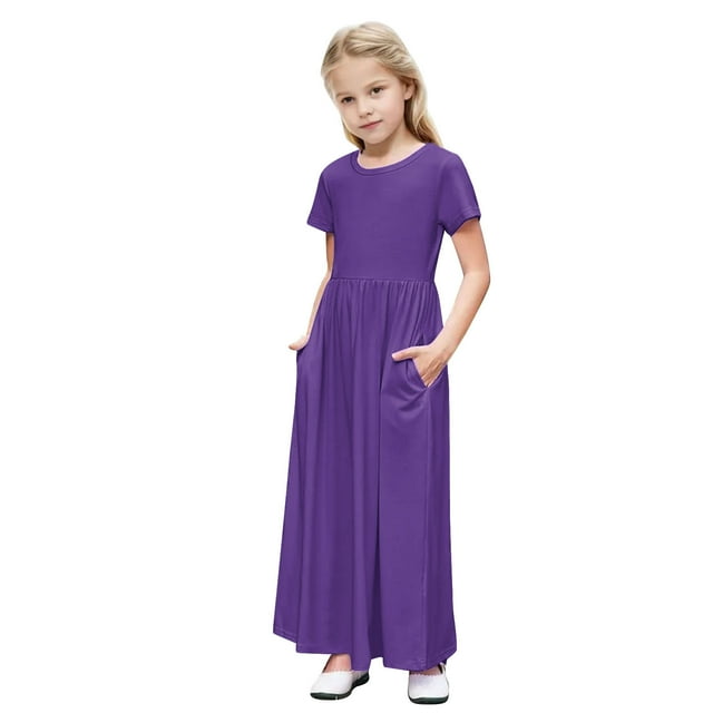 Robe Longue Maxi Décontractée Ample à Manches Courtes à Imprimé Floral pour Fille avec Poches 4-14 Ans