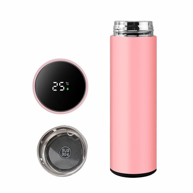 Double-Walled Stainless Steel Water Bottle with LED Temperature Display,Vacuum Insulated for Hot and Cold Drinks Up to 12H,for Sports,Travel,Automotive Mug,Hydration Bottle,Pink,15 OZ