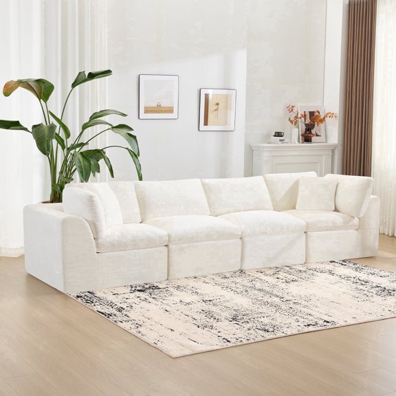 138'' Chenille Sectional Sofa, Modern Boneless Cloud Couch with Deep Seat, 4-Seater Modular Sofa for Living Room, No Assembly Required, Beige