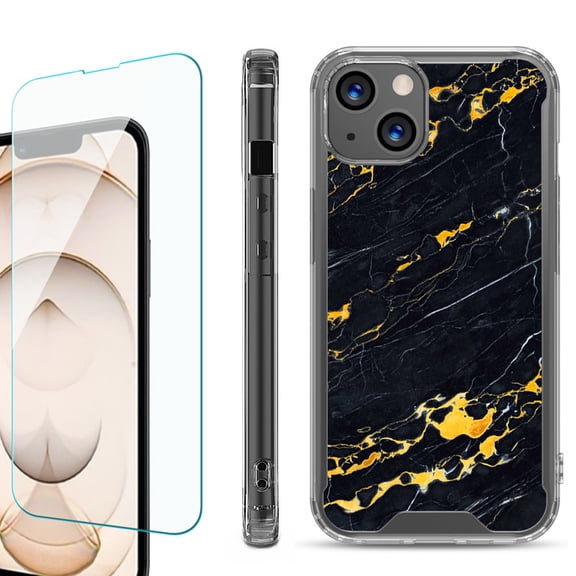 Shockproof Bumper Phone Case for iPhone 13, with Tempered Glass Screen Protector, by OneToughShield ® - Marble / Lava