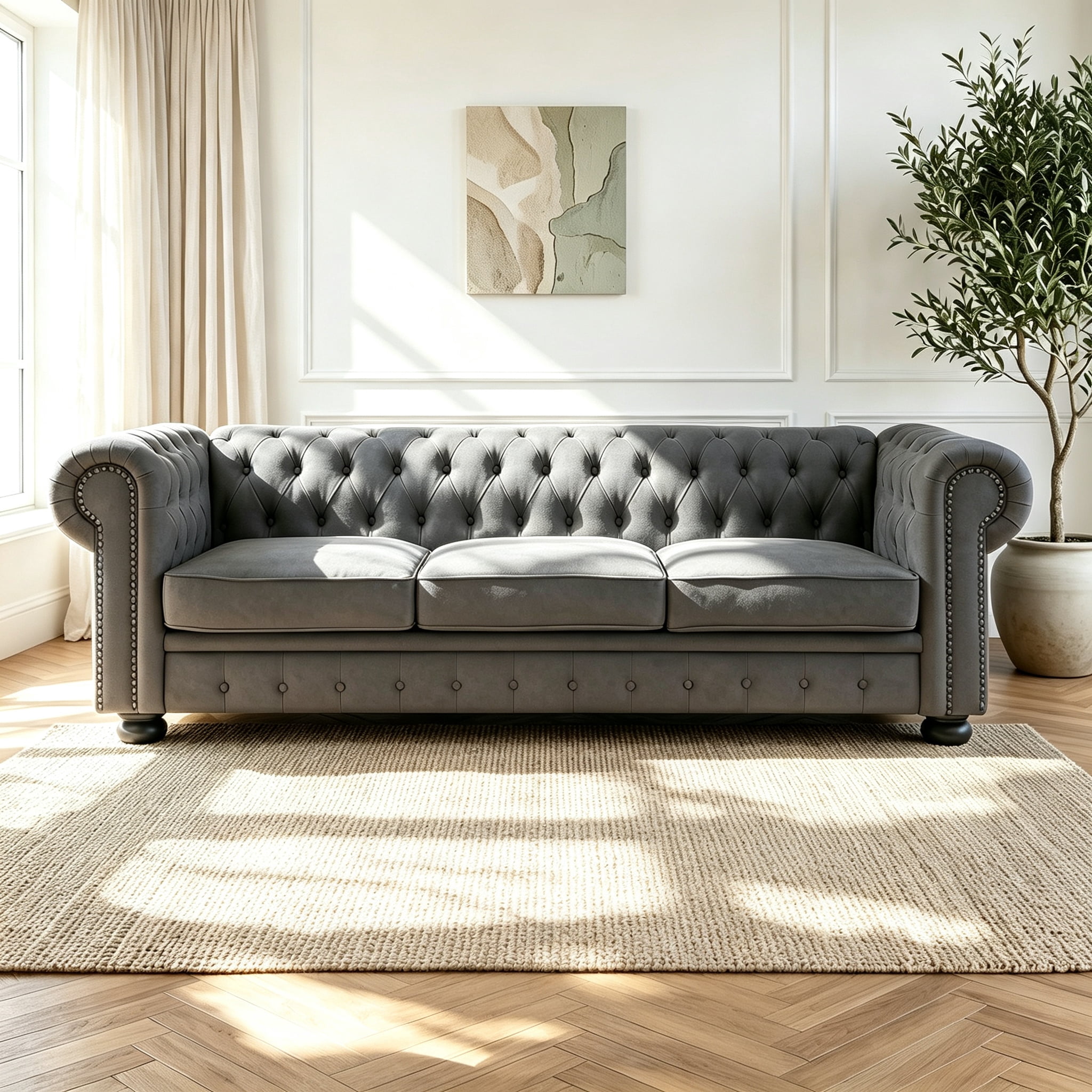 81" Dark Grey Chesterfield Faux Leather Sofa, Rolled Arm 3 Seater Couch, Button Tufted Back, Nailhead Trim, Individual Cushions, Solid Wood Legs for Living Room, Office, Apartment