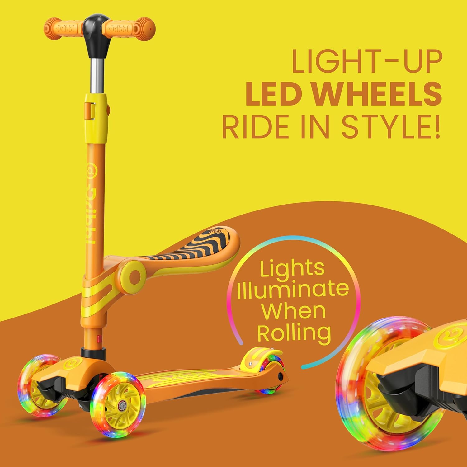 Dribbl 3-Wheel Kids Scooter with Seat, Light-Up Wheels, Adjustable Handlebar, Wide Deck & Rear Brake, Ages 2+