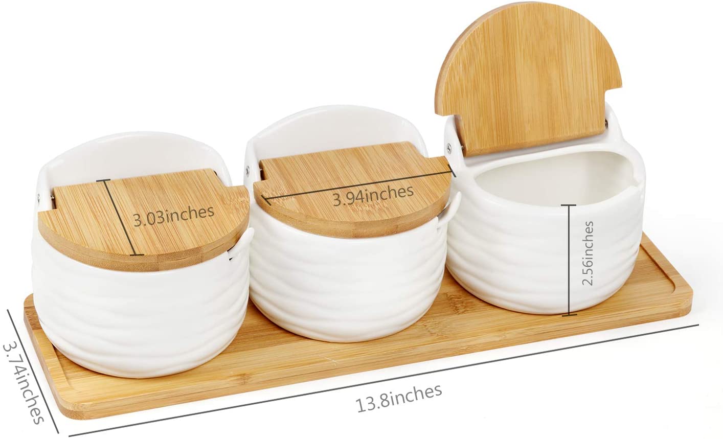 NEX White Ceramic Sugar Bowls, Set of 3 with Bamboo Lids and Spoon