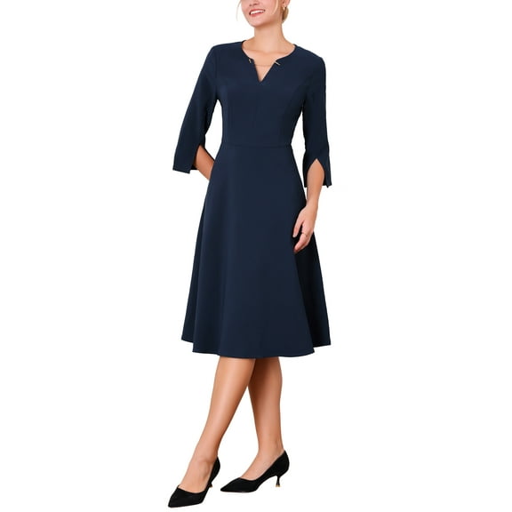 INSPIRE CHIC Women's Flare Dress V Neck 3/4 Sleeve Elegant A Line Work Dresses S Navy Blue