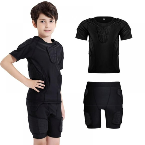Kids Boys Padded Protective Shirts Shorts Set Paddded Compression Shirts Shorts for Football Paintball Baseball Bike Rugby Snowboard Ski,black,5-6yearsold