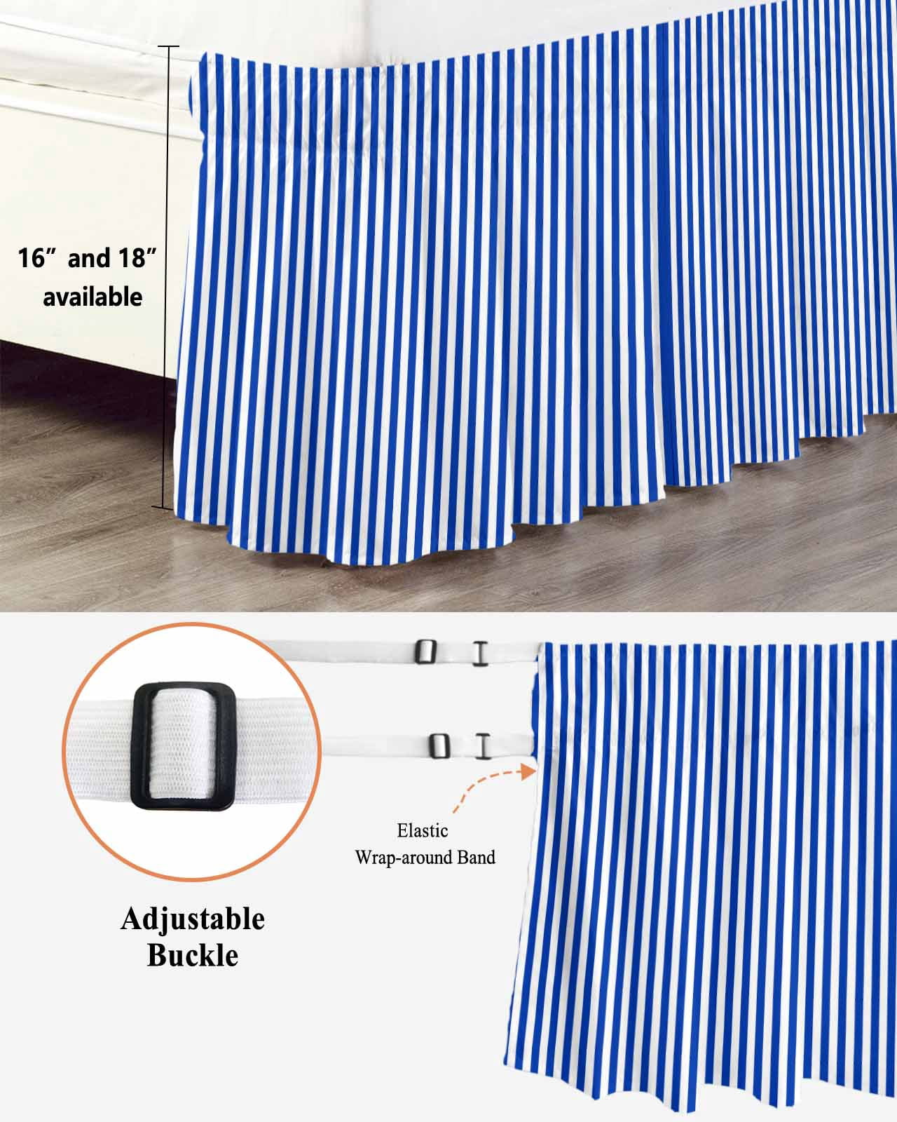 Navy Blue Stripe Wrap Around Bed Skirts for Queen Bed 16" Drop,Bed Skirt with Adjustable Elastic Belt Dust Ruffle Bed Valance for Bedroom Hotel Modern White Vertical Striped Geometric Bed Frame Cover