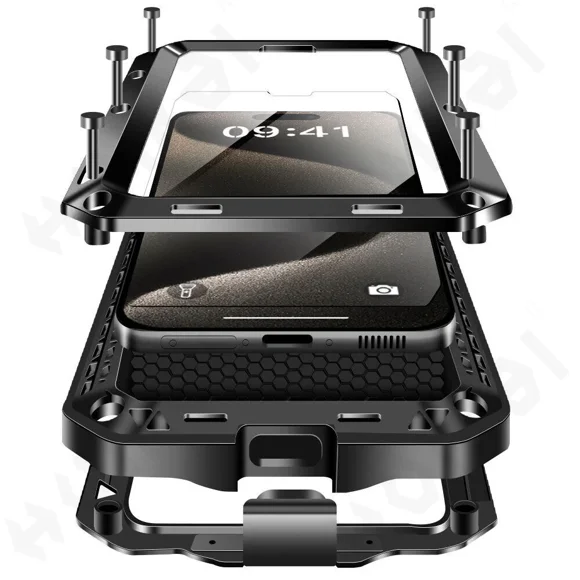 Funda protectora Doom Armor 360 de cuerpo completo, impermeable, de metal y a prueba de golpes - Negra, para iPhone 14 Pro