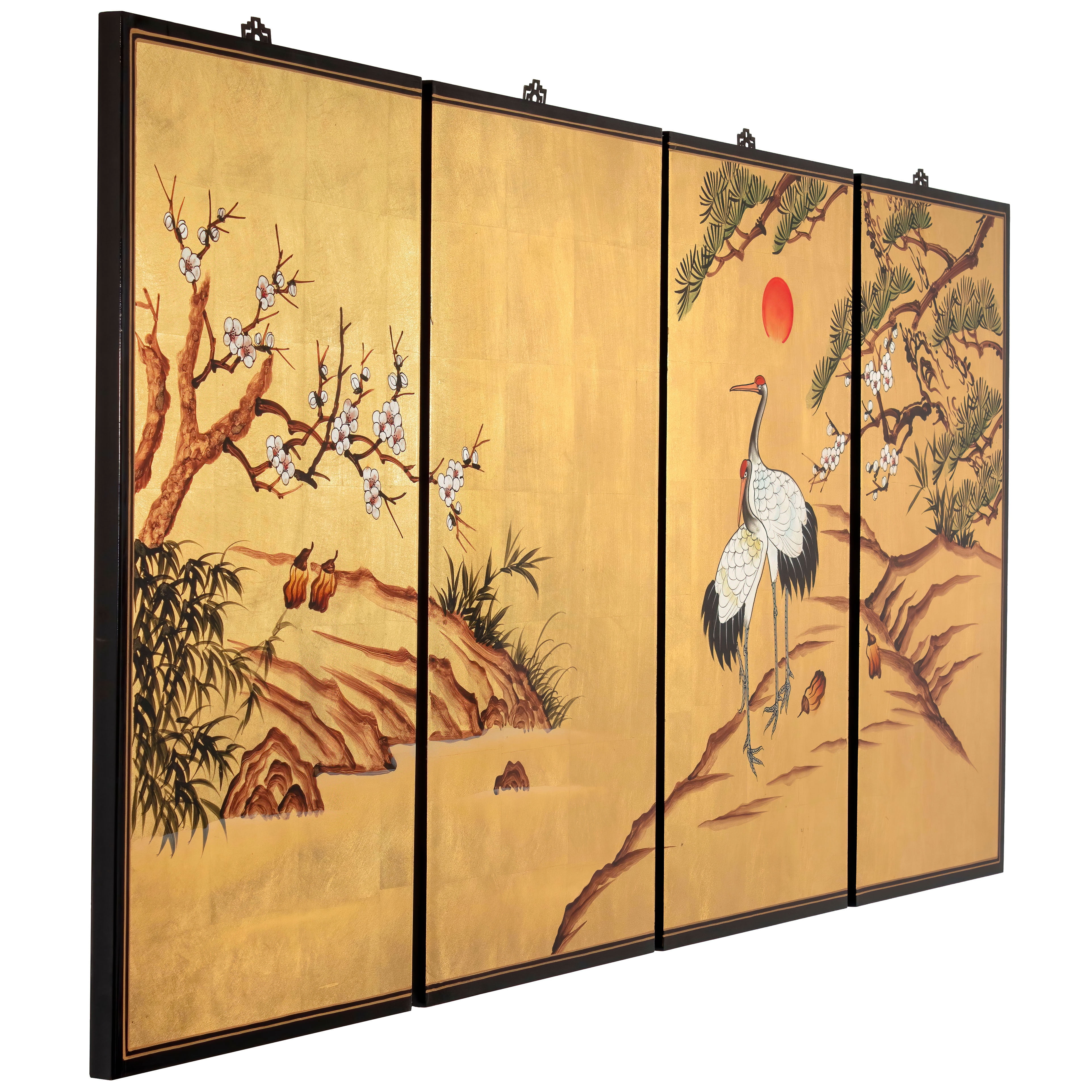 Oriental Furniture Gold Lacquer Wall Plaque - Cranes