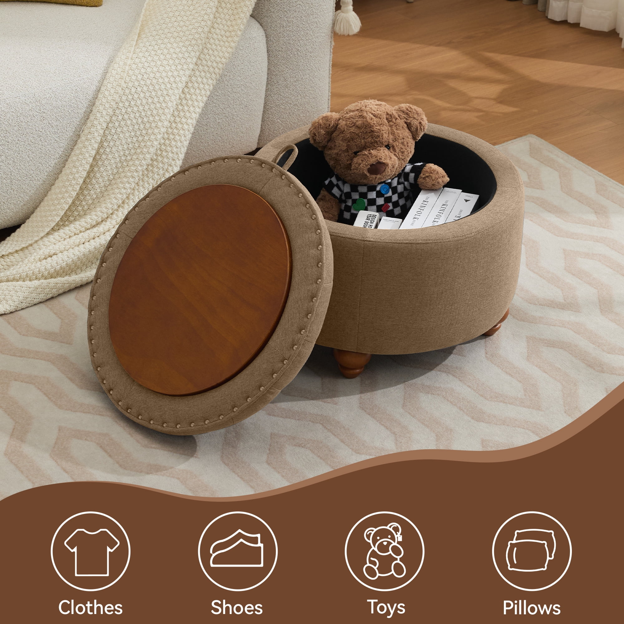 24'' Round Ottoman with Storage, Modern Tufted Fabric Storage Ottoman with Removable Top for Living Room, Bedroom, Brown