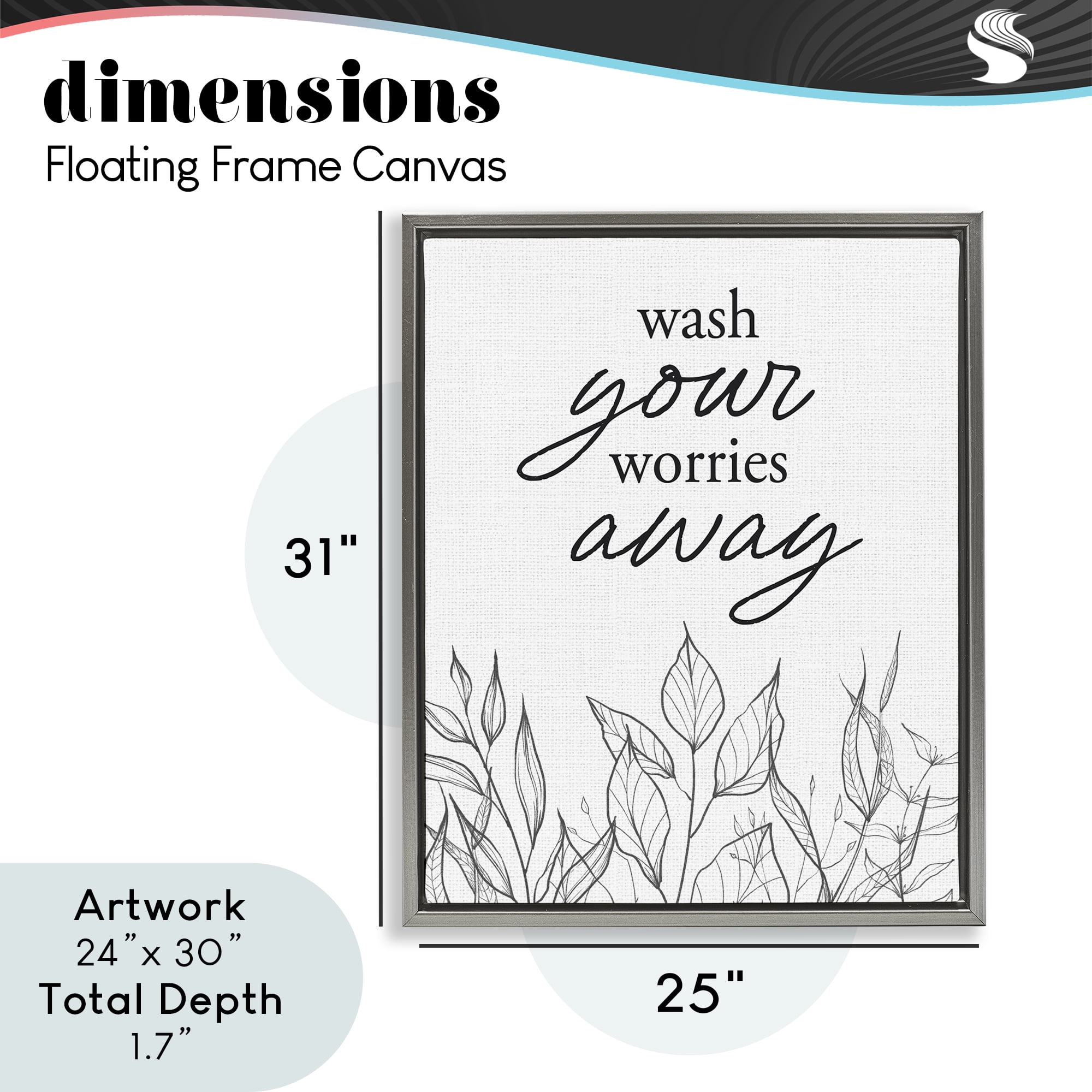 Wash Your Worries Away Minimalist Gray Framed Floater Canvas Wall Art, design by Lettered and Lined