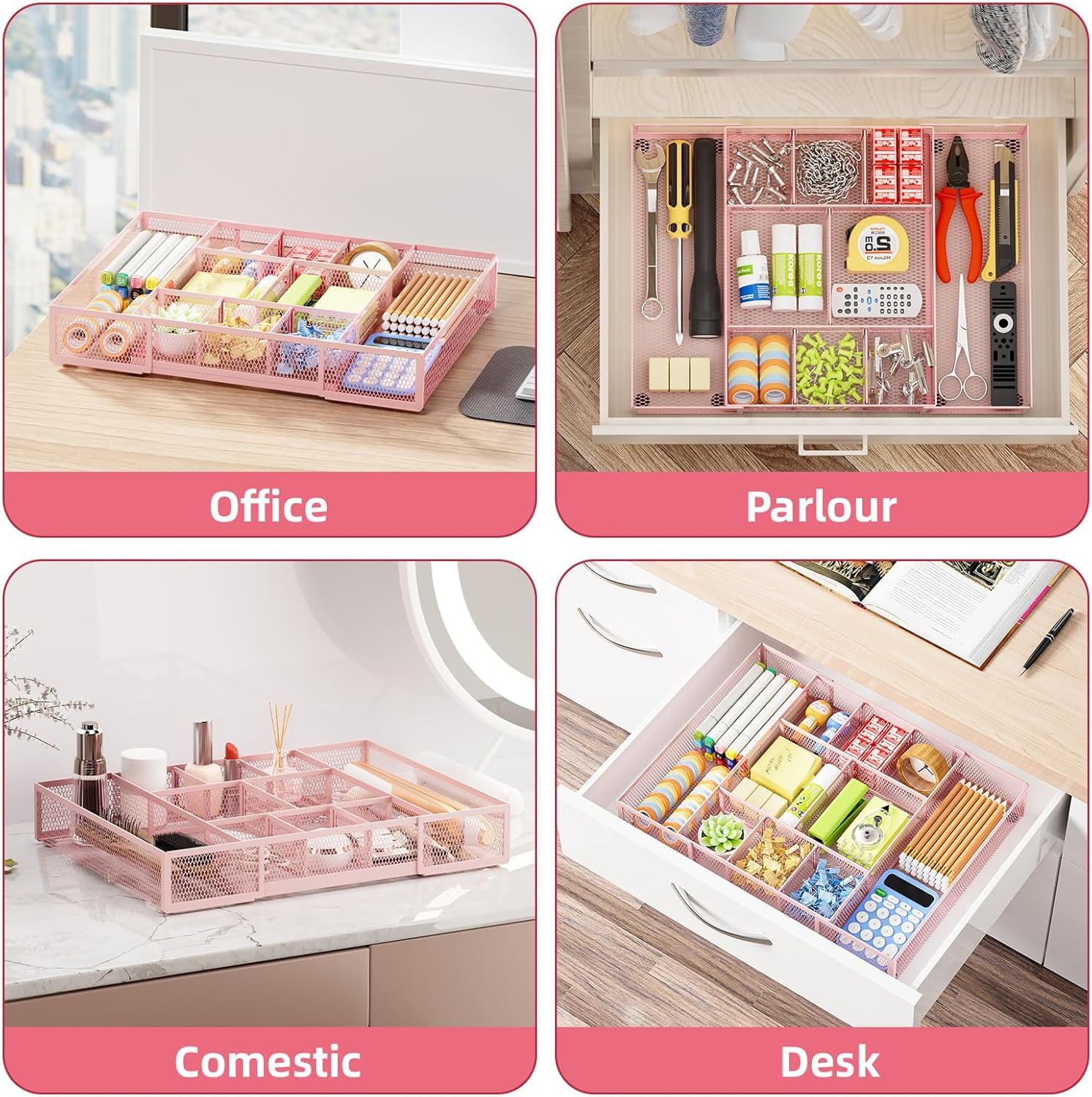 Expandable Desk Drawer Organizer, Mesh Tray with 10 Adjustable Compartments, Desk Organizers for Office Supplies, Makeup & Vanity (Expandable-Pink 2pack)