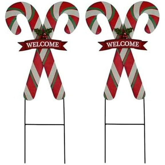 2set Metal Candy Cane Hanging Welcome Sign - Merry Christmas Yard Stake, 27.5" H, Outdoor Xmas Holiday Decoration$$Garden & Patio