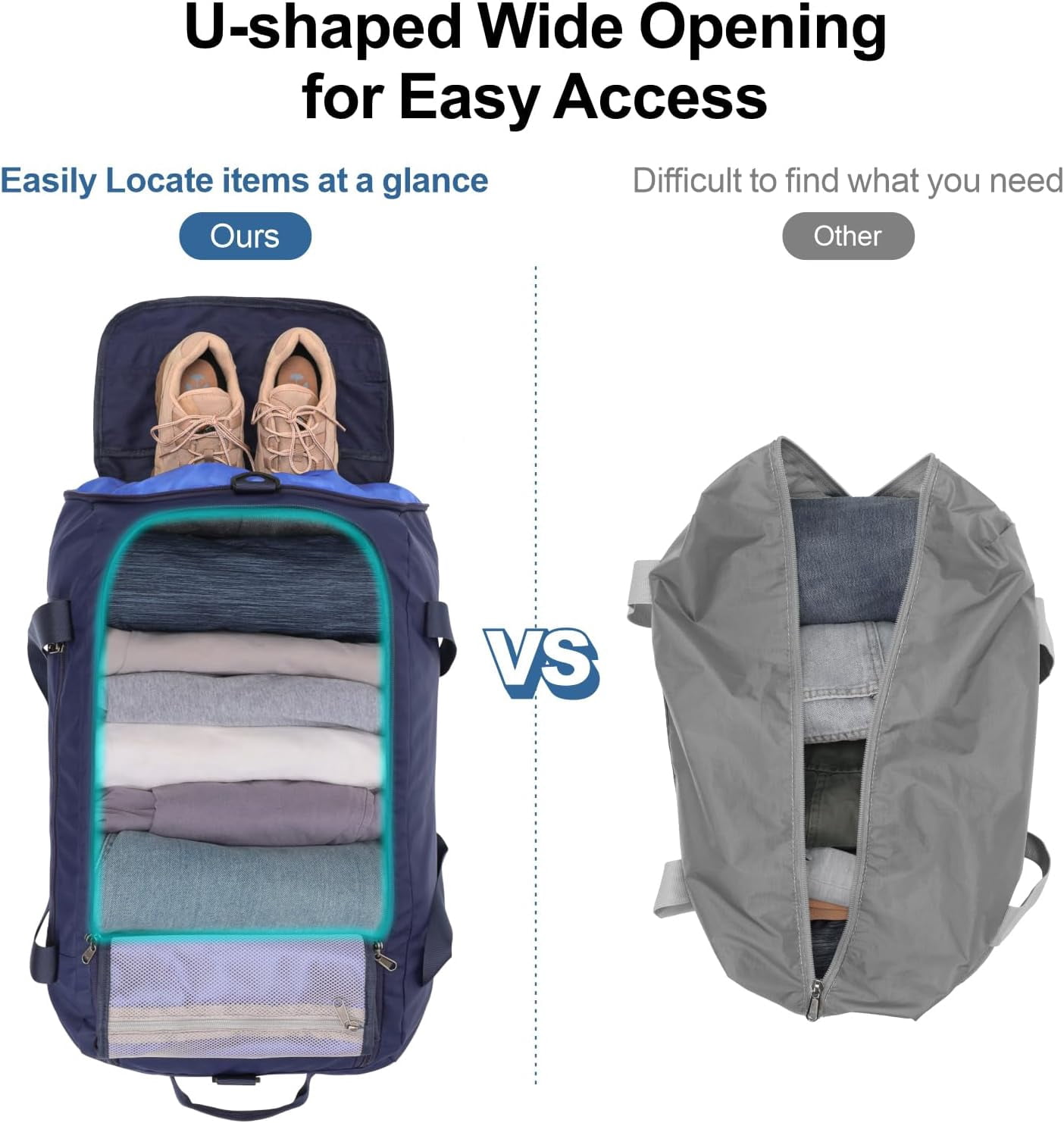 Airport Luggage Checked Bag - 60L Travel Duffle Bag for 4-5 Day Short Trip, Compact Foldable Travel Duffel Bags for Traveling with Shoe Compartment for Men Women, Checked Luggage, Dark Blue