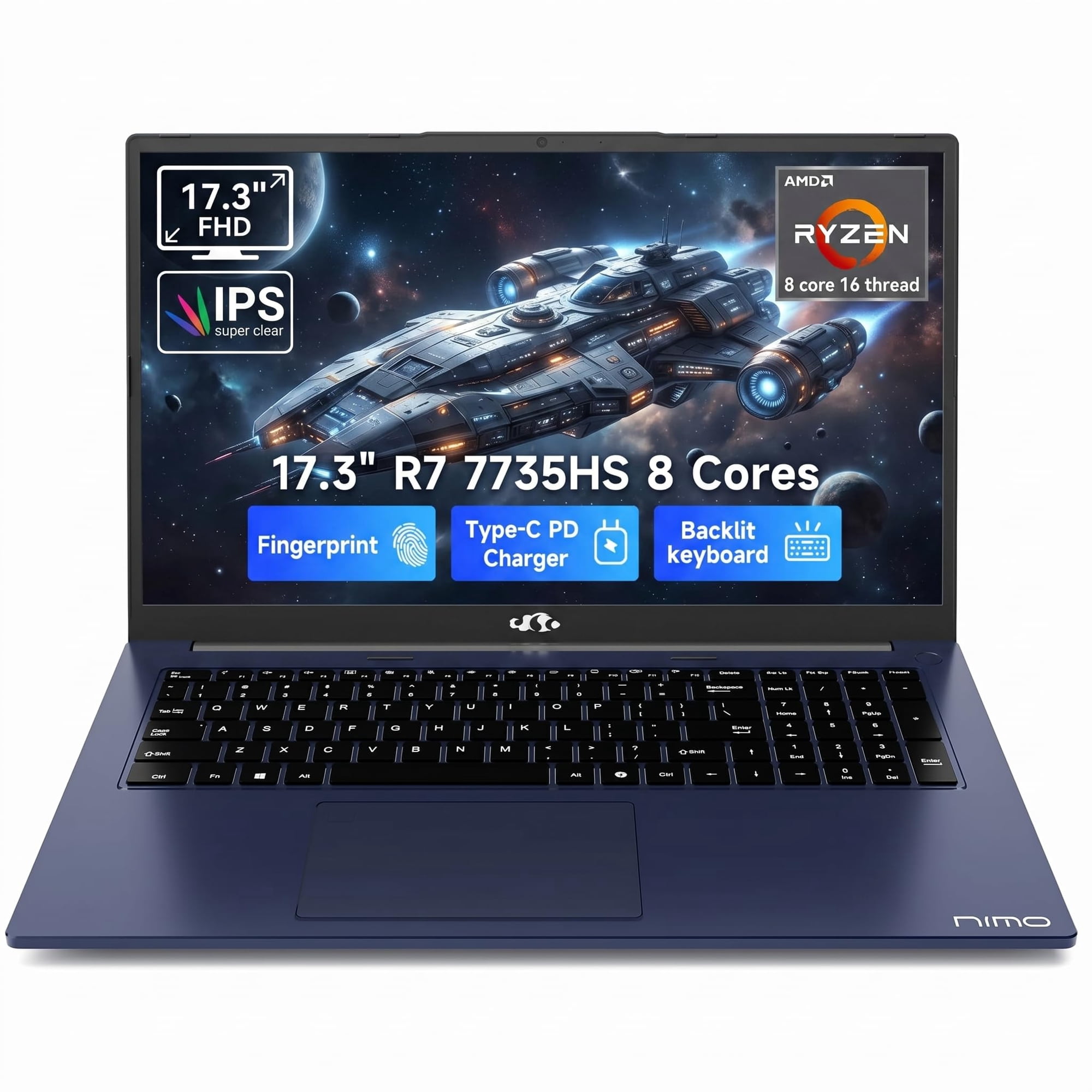 NIMO 17.3" Gaming Laptop, AMD Ryzen 7 7735HS (8C/16T, Up to 4.75GHz), 16GB DDR5 RAM, 512GB PCIe 4.0 SSD, 100W PD Fast Charging, FHD Display, Backlit KB, Fingerprint, SD Card Reader, Windows 11