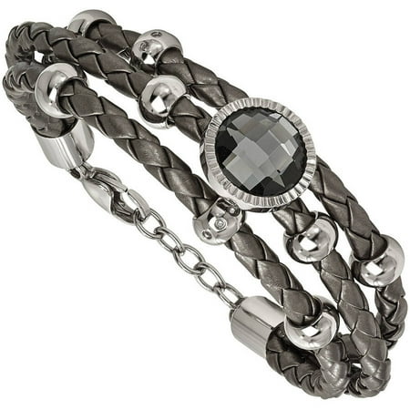 Stainless Steel Polished Grey Faux Leather and Glass .75inch Ext Bracelet - 7 Inch