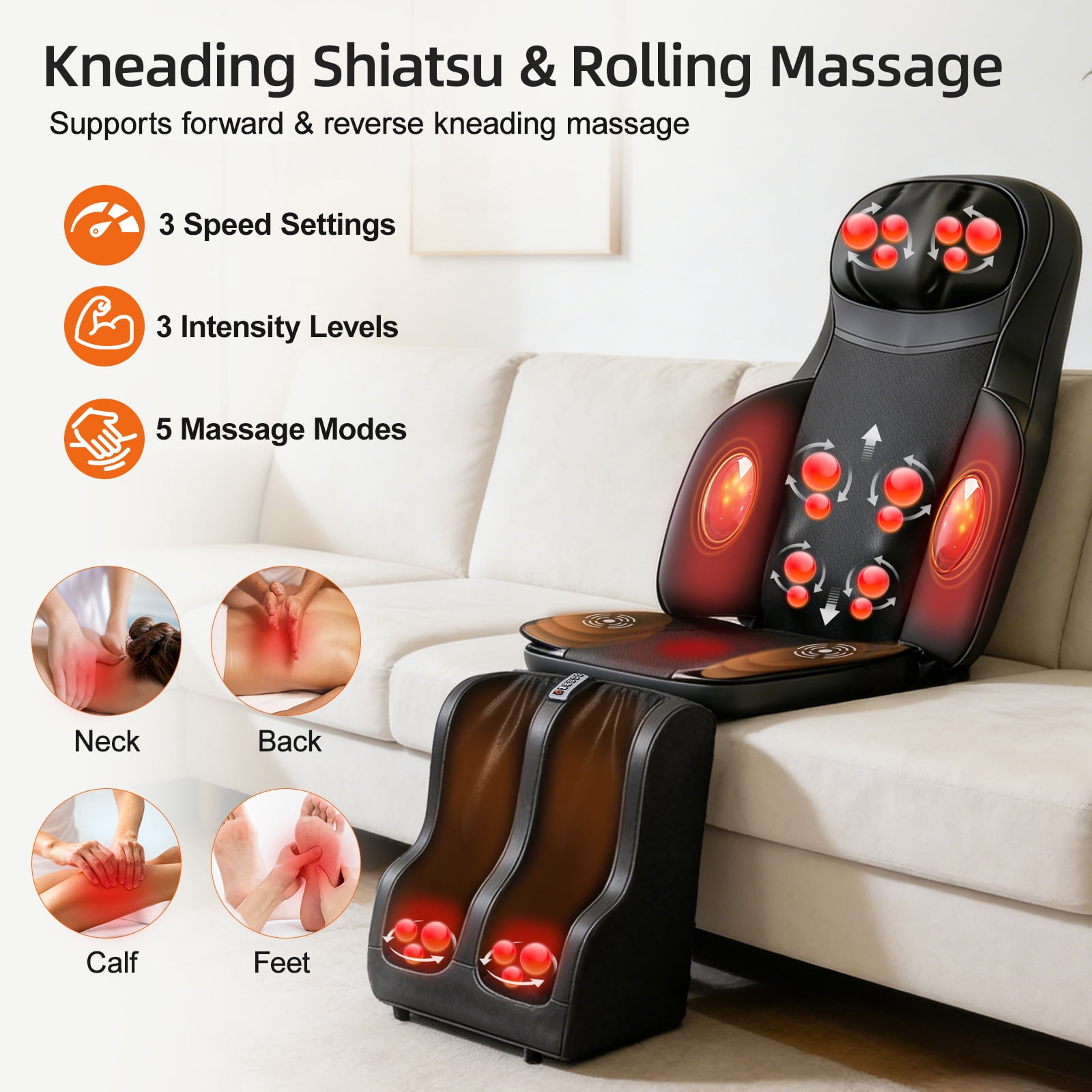 Full Body Massage Chair Pad with Heat, Shiatsu Neck & Back Massager with Foot Massager, Kneading & Rolling Massage for Pain Relief, Home Office Use - Black