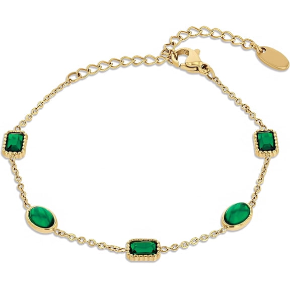 Tennis Bracelets for Women, Green Emerald Zircon Tennis Bracelet, 18K Gold Plated, 6 Inch Rolo Chain, Lobster Claw Clasp
