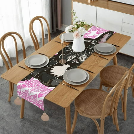 

Puppy French Bulldog Table Runner Imitation Linen Table Runner With Khaki Tassels For Party And Dining Room 14 x 60