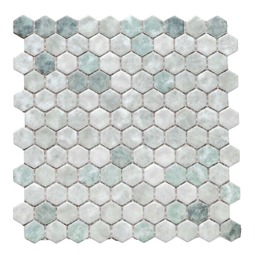 The Tile Life Eterna Hex 1" x 1" Hexagon Shabby Green Glass Mosaic Floor and Wall Tile 1 Sheet