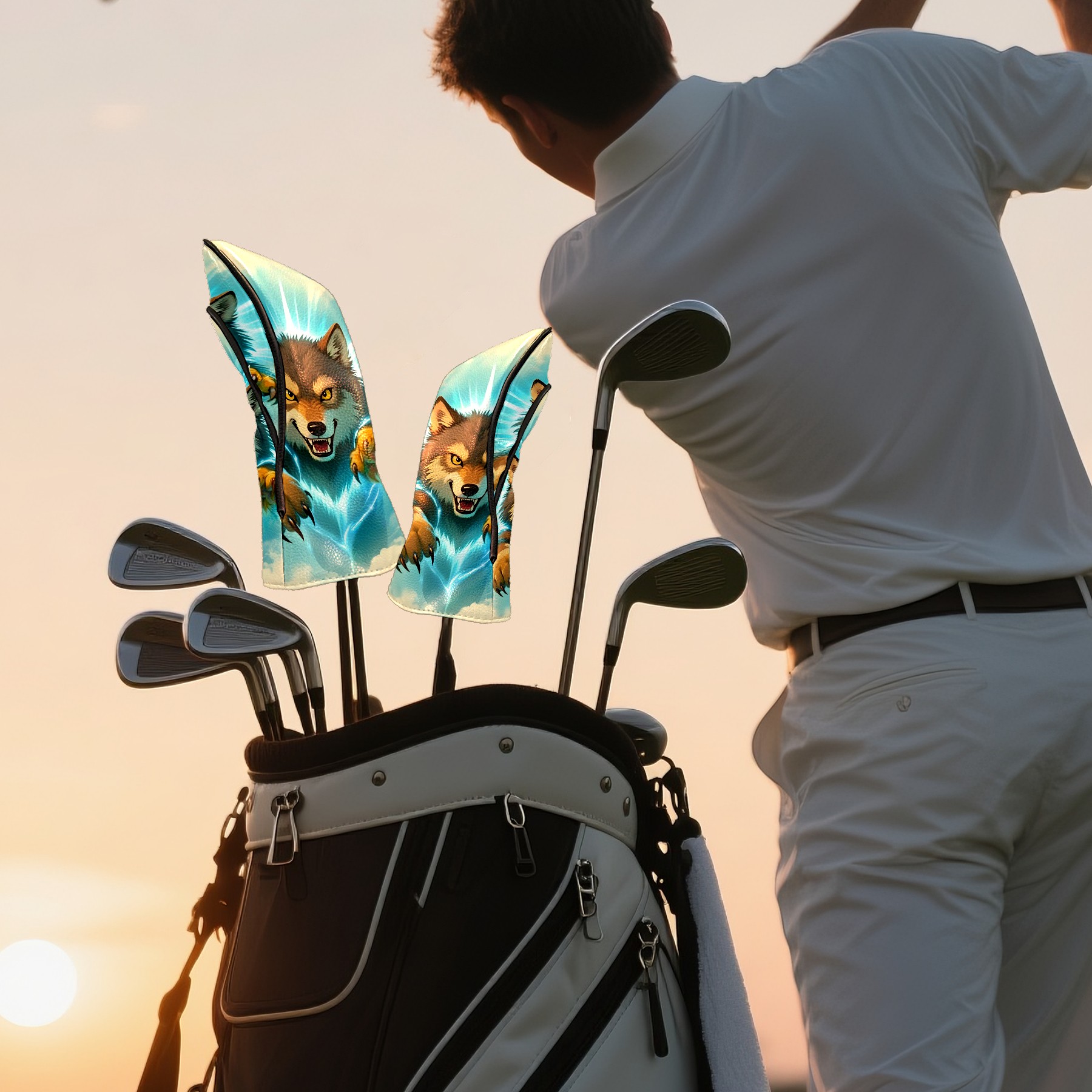 Golf Club Covers, Wolf Premium PU Leather Driver Hybrid Putter Head Covers with Velvet Lining, Waterproof Golf Gifts for Men Women