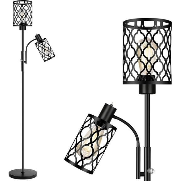 Table Lamp 72" Farmhouse Floor Lamps for Living room, Black Floor Lamp with Adjustable Reading Lamp, 2-Light Tall Standing Lamps with 2 Edison Bulbs, Industrial Floor Lamps for Bedroom, Office, 6W, B
