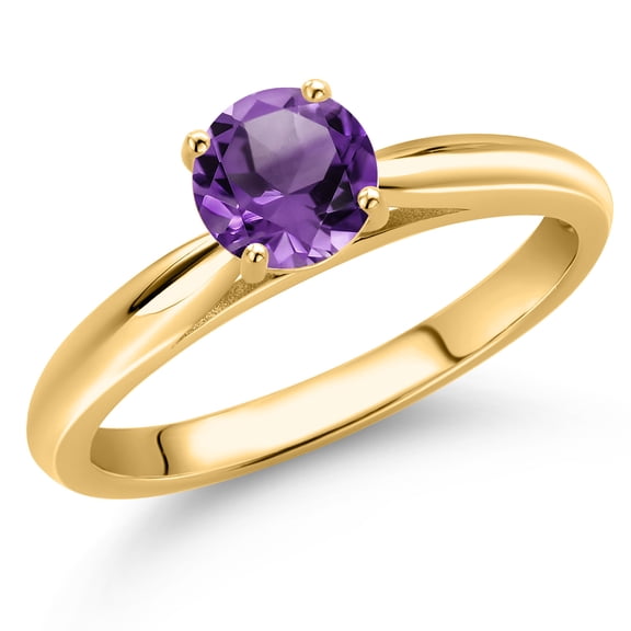 Gem Stone King 10K Yellow Gold Purple Amethyst Solitaire Engagement Ring for Women | 0.48 Cttw | Round 5MM | Gemstone February Birthstone | Size 7