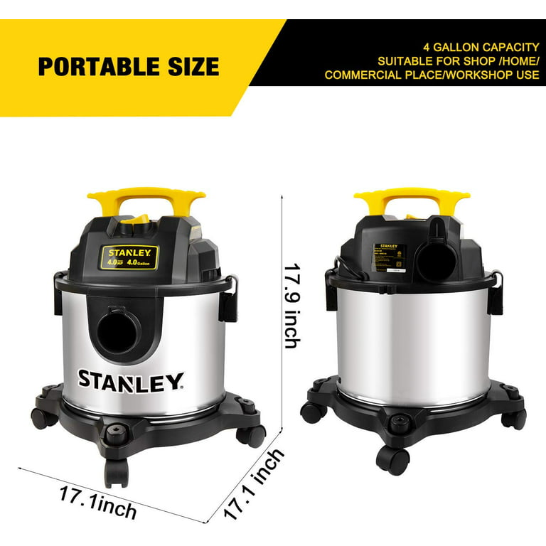Stanley SL18129 Wet/Dry Vacuum, 4 Gallon, 4 Peak HP, Stainless Steel Tank  with Top Handle, 3-in-1 Shop Vacuum Cleaner with Blower for Home, Garage