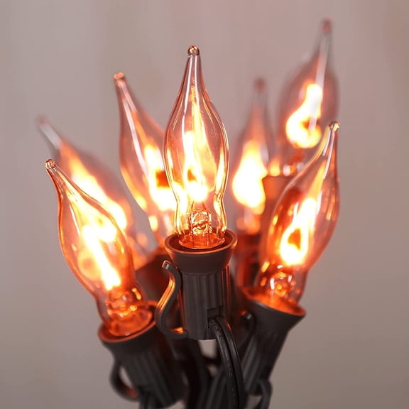 12.8Ft Christmas Lights Flickering Flame String Lights with 12 Pack Clear C7 Flame Light Bulbs(2 Spare), Great for Indoor Outdoor Home Patio Party Christmas Decorations Lights, 1W, E12 Base