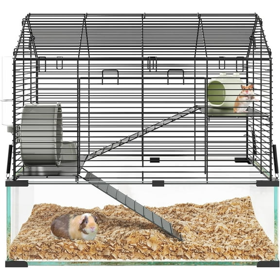 EcoSummer 3 Tiers Large Hamster Enclosure, Metal Enclosure   Glass Gerbil Cages, Small Animal Cages for Guinea Pigs - with Running Wheel, Water Bottle, Food Bowl, Ramps, Ceramic Hideout