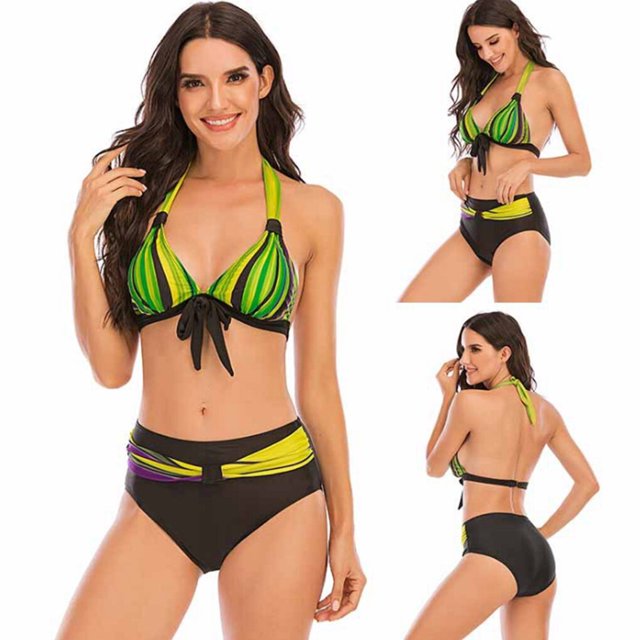 Ropa de baño Soidarity 2 uds. bañador Sexy con realce y relleno estampado a rayas verde L