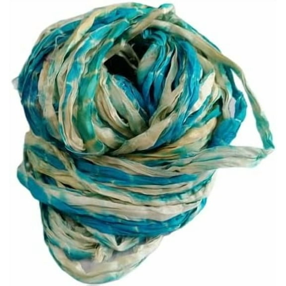 Knitsilk Shibori Sari Silk Ribbon Yarn-Blue|Best for Crochet, Knitting, and Embroidery,and Jewelry Making |Sustainable and Unique Texture Ribbon Yarn|50 GMS-30 Yards,Pack of 1