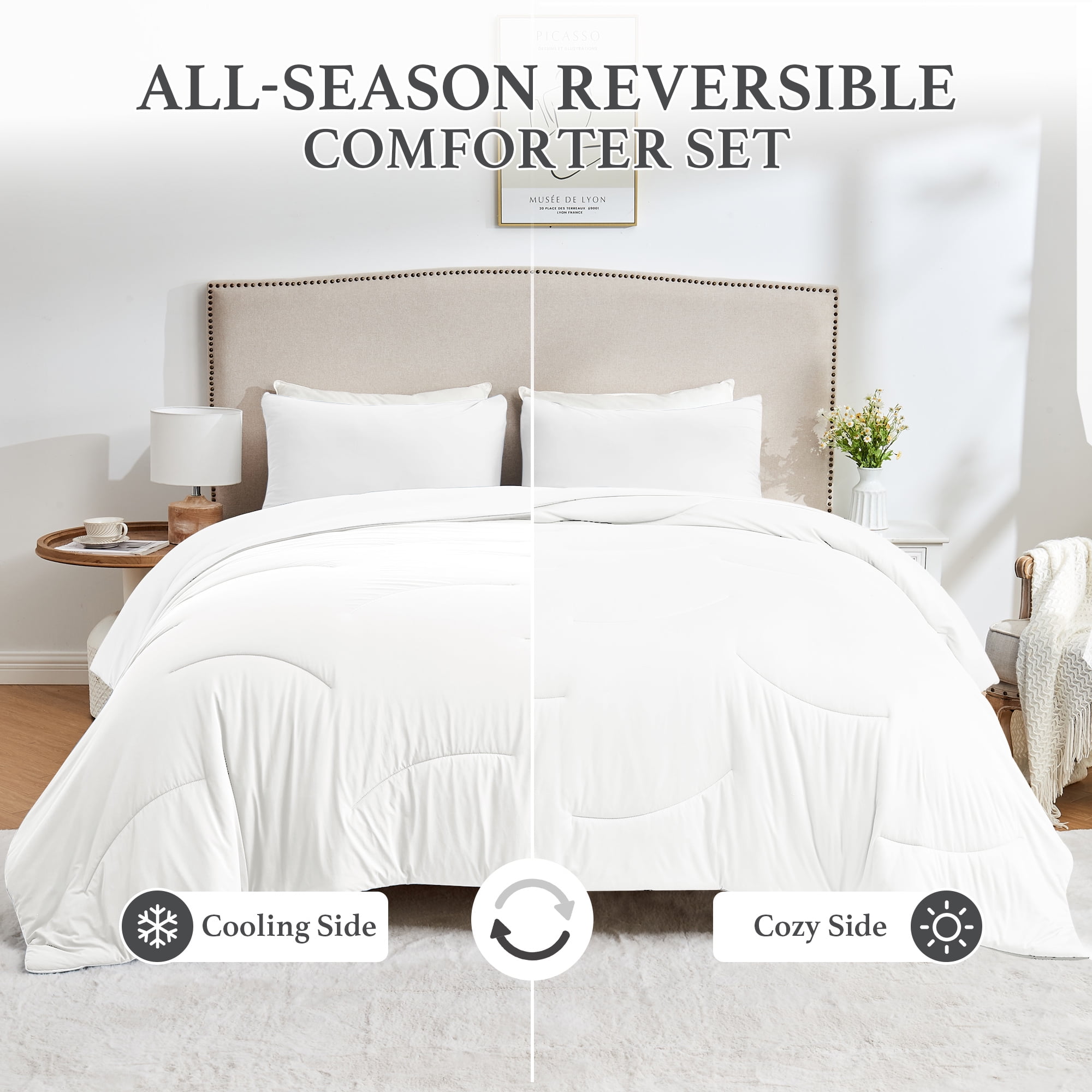 HOMTEC Reversible 3-Piece Comforter Set, All Season Double-Sided Comforter with 2 Pillowcases, Full/Queen Size, White