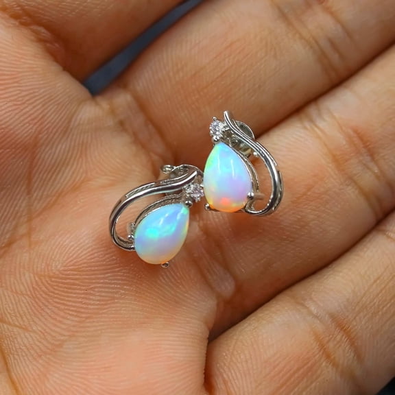 GemEmoprium Stud Pear White Opal Earrings 6 ct. t.w. 925 Sterling, Sterling Silver for Women