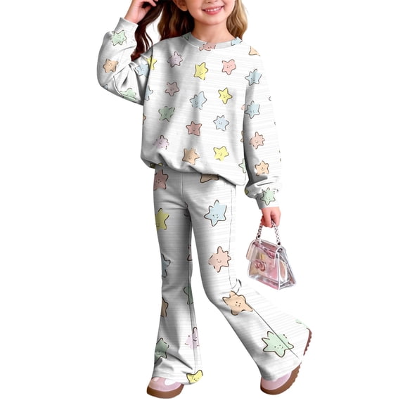 Grblisyd Outfits for Girls Casual Long Sleeve Cute Cartoon Print Sweatershirt and Flared Pants 2 Pieces Fall Winter Set Size 7-8 Years