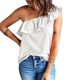thumbnail image 1 of Blusa sin mangas de un hombro para mujer con ribete de volantes Camiseta informal de verano de color puro elegante Blanco L, 1 of 6